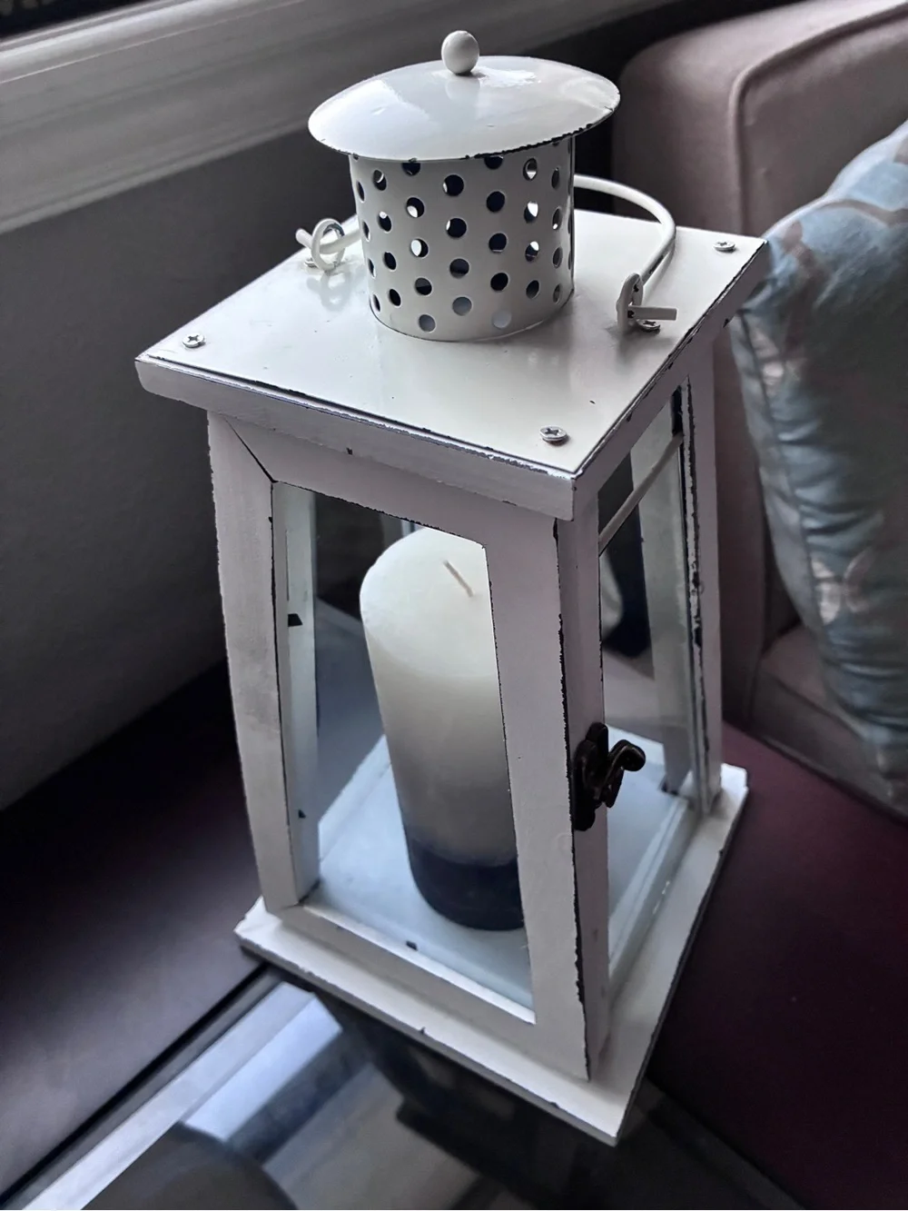 Distressed White Wooden Lantern with Two-Tone Candle - Rustic Accent
